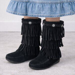 Minnetonka‎ Black Suede 3 Tier Fringe Tall Boots, Girl's Size 3